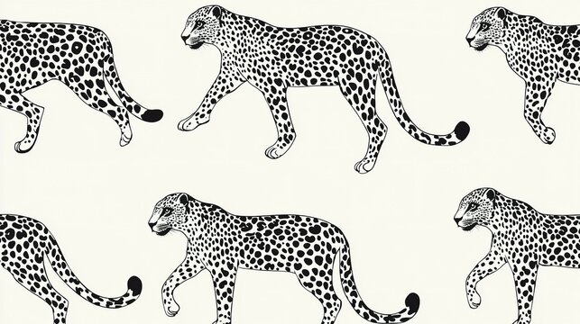 A repeating pattern of stylized walking leopards in black and white