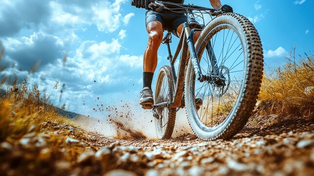 Mountain biker navigating a rocky trail.  A cyclist propels a mountain bike through a dusty, gravel path under a partly cloudy sky.   - Powered by Adobe