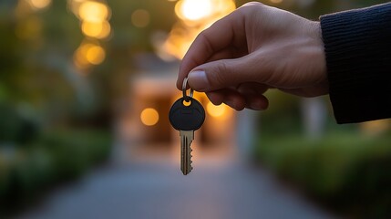 A real estate agent&rsquo;s hand handing over a house key, golden-hour light illuminating the polished surface, with a stunning home entrance visible behind, sharp details with a dreamy depth of field.