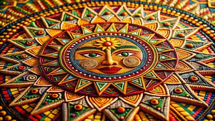 Macro Tribal Sun Design: Intricate Geometric Patterns & Vibrant Hues