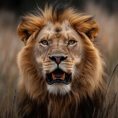 Majestic lion portrait with captivating eyes and rich mane in natural habitat under soft golden lighting