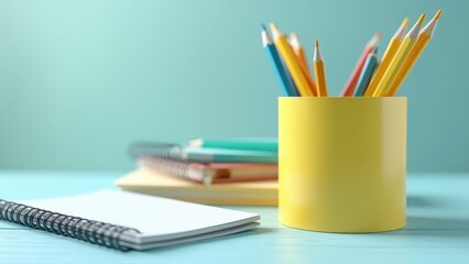A yellow cup filled with colored pencils