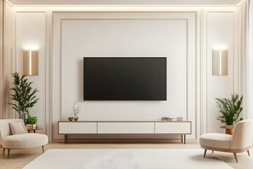 White TV Screen in Bright Luxury Interior Mock-Up for Modern Spaces