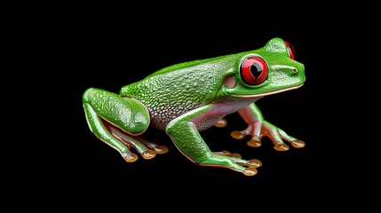 Obraz premium A vibrant green frog with bright red eyes sits alone