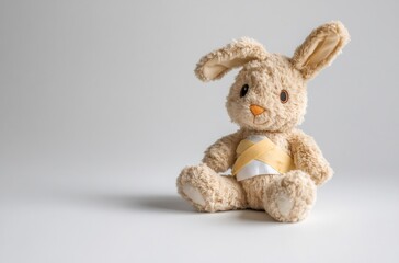 Fototapeta premium Soft plush bunny wearing medical bandages, symbolizing pediatric healing and medical care challenges