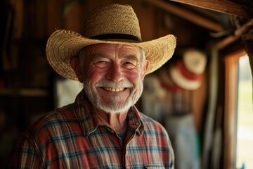 Smiling senior man with hat and plaid shirt, indoors. Perfect for depicting rural life, farming, or aging gracefully.