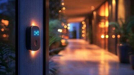 A smart key fob hovering near a digital door lock, the futuristic home entrance softly glowing under ambient lighting, high-tech security details in sharp focus, cyberpunk-inspired sleek design.