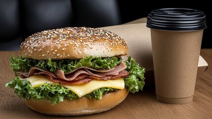 Fresh bagel sandwich and coffee
