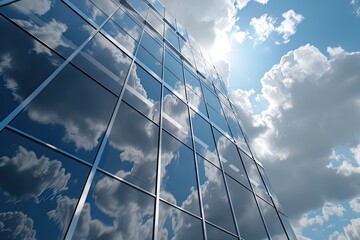 Tall Corporate Office Building with Square Glass Windows Reflecting Clouds