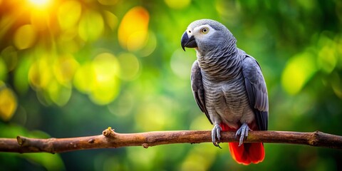 Fototapeta premium Majestic African Grey Parrot Perched on Branch, Rule of Thirds Composition