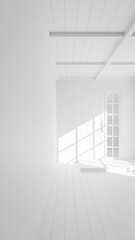 Obraz premium Japanese style room with a wooden door and windows. The room is empty and has a simple design. The sunlight coming in through the windows creates a warm and inviting atmosphere premium photo 3d render