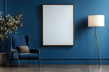 Rectangular Frame on a Blue Accent Wall with a Stylish Setting