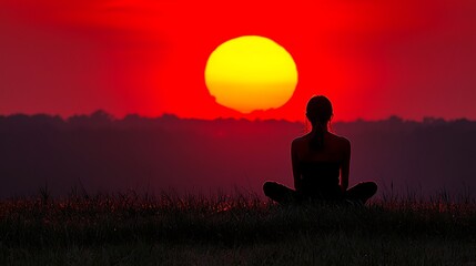 Woman Meditating at Sunset Peaceful Tranquil Silhouette Image