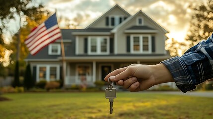 A young family&rsquo;s hands together holding a key in front of their charming suburban home, an American flag waving in the yard, warm tones and sentimental atmosphere, perfect storytelling composition.