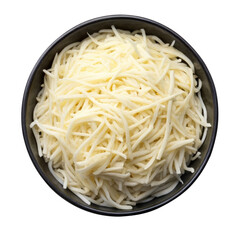 Mozzarella cheese shredded in a black bowl top view isolated on transparent white background, clipping path