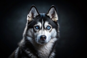 Obraz premium Majestic Black Siberian Husky with Striking Blue Eyes in Low Light