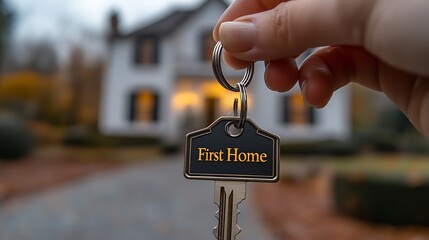 A close-up of a hand gripping a key with a &ldquo;First Home&rdquo; keychain, blurred background showing a modern starter home with a fresh coat of paint, natural lighting, optimistic and hopeful atmosphere.