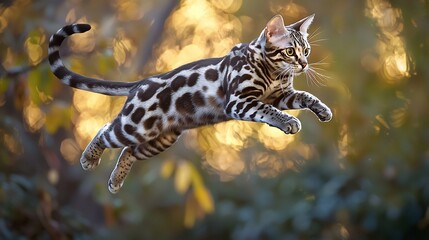 Stunning marbled cat leaping gracefully through the treetops of a Southeast Asian rainforest its spotted coat blending with the dappled shadows