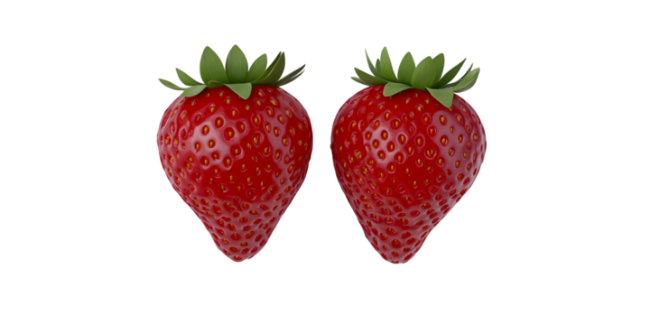 Realistic 3D Rendering of Two Red Strawberries with Green Leaves on Transparent Background a Fresh Delicious and Healthy Fruit Dessert for Sweet Summer