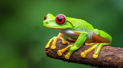 A vibrant green frog with red eyes perched on a brown branch
