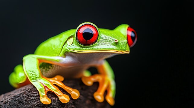 A vibrant green frog with striking red eyes on a surface