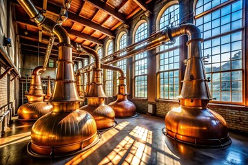 Majestic Copper Whisky Stills in a Historic Distillery - Architectural Photography