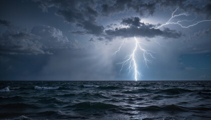 Dramatic lightning striking ocean waves, nature's power
