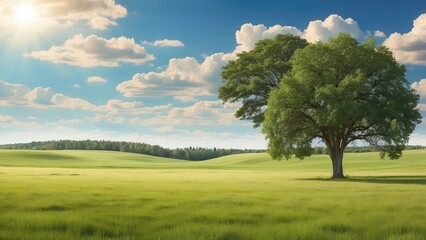 Obraz premium A panoramic view of a lush green field bordered by dense trees under a partly cloudy sky.