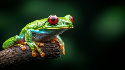 Fototapeta premium A Vibrant Green Frog With Red Eyes Perched On Branch