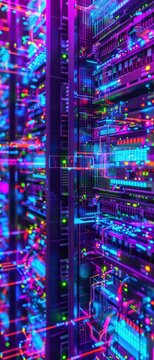 Holographic parallel processing nodes glow with neon hues, showing multiple computers calculating complex geometric patterns with lens flare.