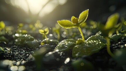 Sunrise seedling growth, dark soil, bokeh background; nature, ecology