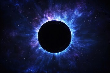 Naklejka premium Cosmic Nebula Glowing Blue Energy Around Black Hole Space Art