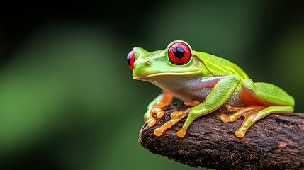 A brightly colored tree frog is perched on a branch