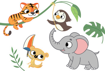 Fototapeta premium Cartoon animals including a tiger penguin elephant and koala in a jungle setting illustration