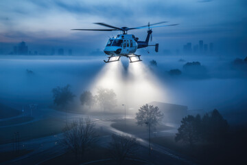a police helicopter spotlight breaking through the fog during a chase