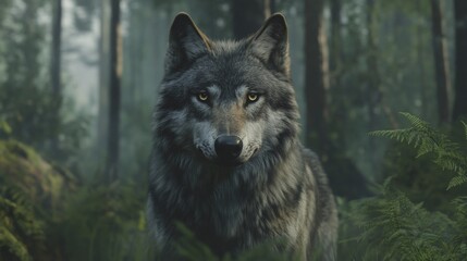 Majestic wolf staring, misty forest background, wildlife, nature