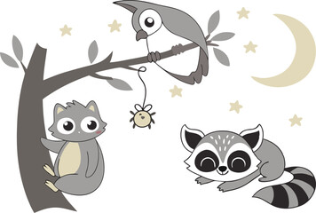 Cartoon illustration featuring an owl on a branch, a raccoon, a cat, and a moon with stars