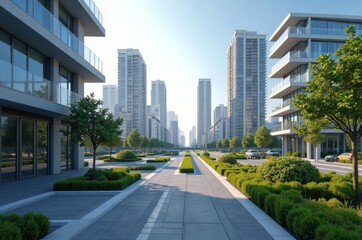 A serene urban oasis with modern buildings and lush greenery