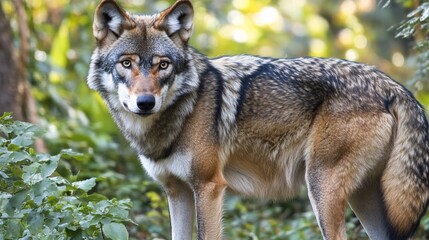 Obraz premium Red wolf standing in forest, alert, autumn foliage background, wildlife conservation