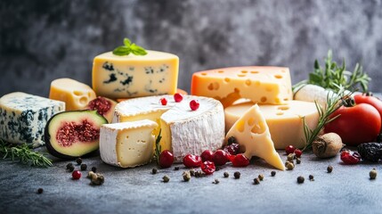 Assorted Gourmet Cheeses, Figs, and Cranberries on Rustic Background