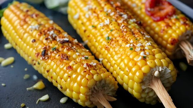 Close Up of Three Grilled Corn on the Cob with Cotija Cheese Chili Powder and Lime on Dark Background