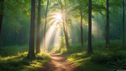 Obraz premium A serene forest scene featuring a pathway lined with tall trees,