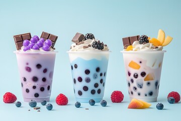 Delicious Bubble Tea Trio Purple, Blue, & Peach Flavors with Fresh Berries and Chocolate
