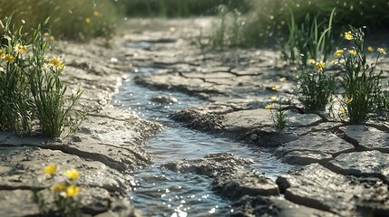 Fototapeta premium A dry riverbed suddenly coming back to life as the first rain of the season cascades down, filling the cracks with glistening water. Plants begin to bloom along the edges,