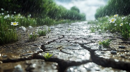 A dry riverbed suddenly coming back to life as the first rain of the season cascades down, filling the cracks with glistening water. Plants begin to bloom along the edges,