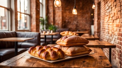 Delicious pastries displayed a wooden table a cozy cafe.