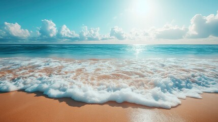 Serene Coastal Scene Sunlit Waves Rolling Onto Sandy Beach