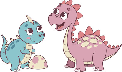 Two cartoon dinosaurs a blue one and a pink one standing next to a spotted egg on a white background