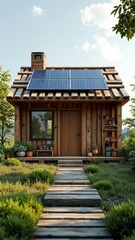 Fototapeta premium A small wooden cabin with solar panels on the roof