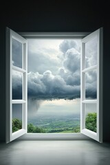 View from Open Window with Dark Storm Clouds and Rain in Distance